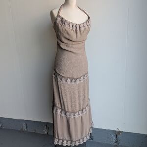 Ya-Ya 100% Silk Boho Beige Halter Maxi Dress with Lace Trim